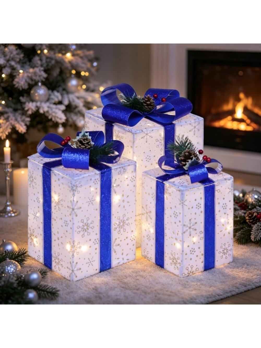 Set of 3 Lighted Christmas Gift Boxes - Blue Illuminated Holiday Decor